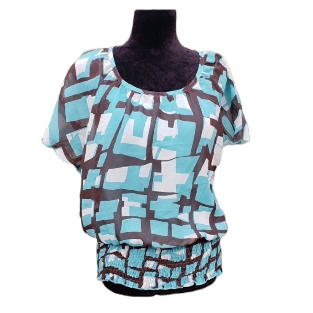 Apt. 9 Aqua Brown White Geometric Blouse Size Small Business Casual Top